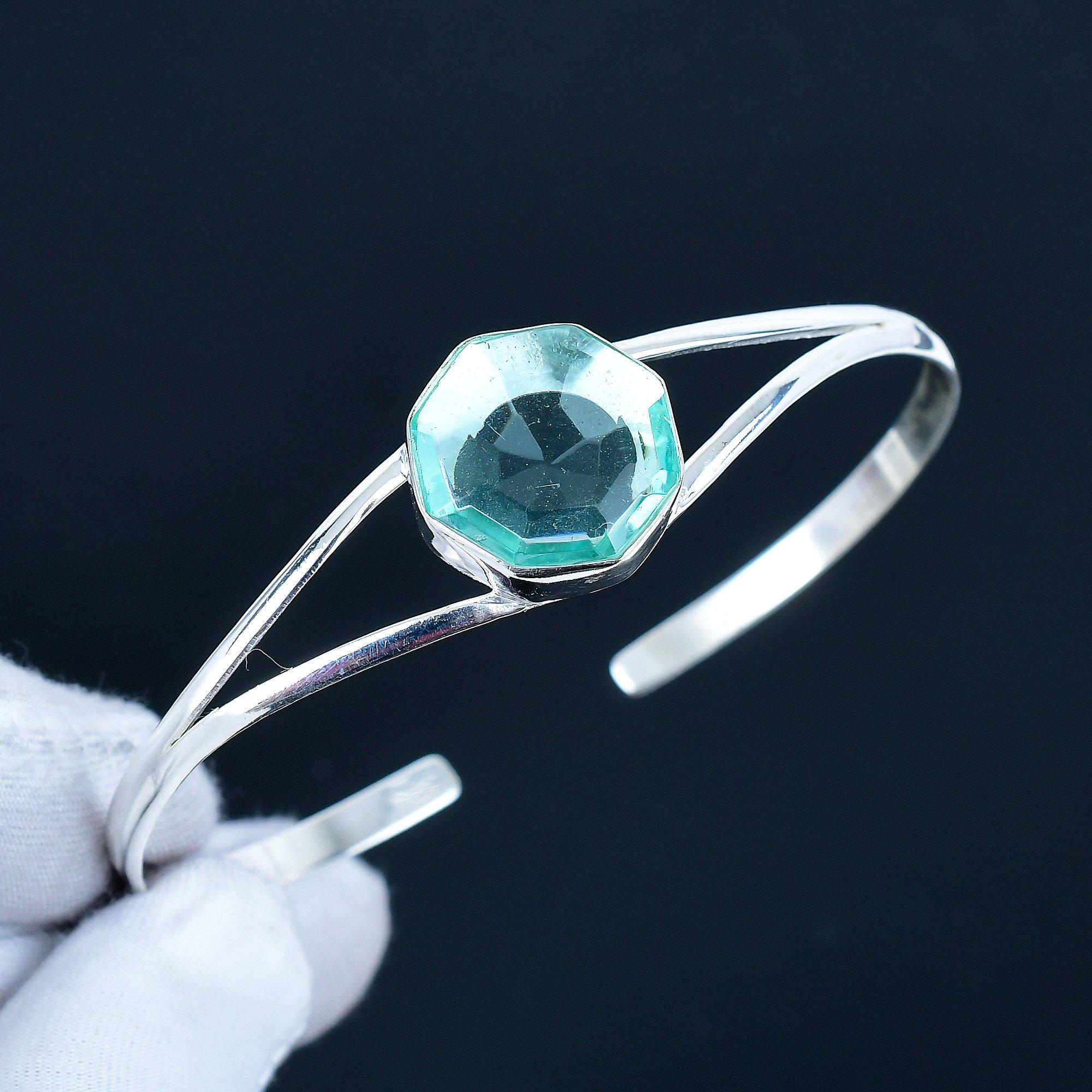 

Аквамарин Шестиугольный Драгоценный Камень Манжета-Браслет Ручной Работы из Стерлингового Серебра 925 пробы, Браслет с Аквамарином для Жены, Унисекс Браслет 7 синий