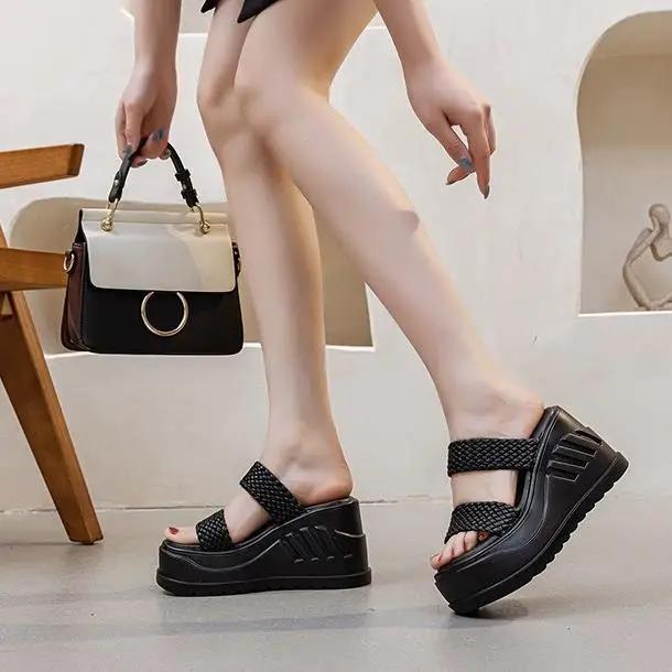 

10СМ Плетеные Микрофибра Кожа Массивные Кроссовки Женские Туфли Полые Летние Платформа Клин Модные Босоножки Шлепанцы Обувь на Высоком Каблуке 39 белый