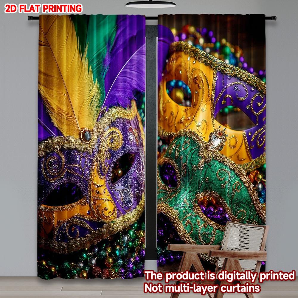 2D Flat Printing 2pcs Curtain Party Curtains Mardi Gras Colorful Masks(1) Digital Printed Polyester Drapes Seasonal Party &