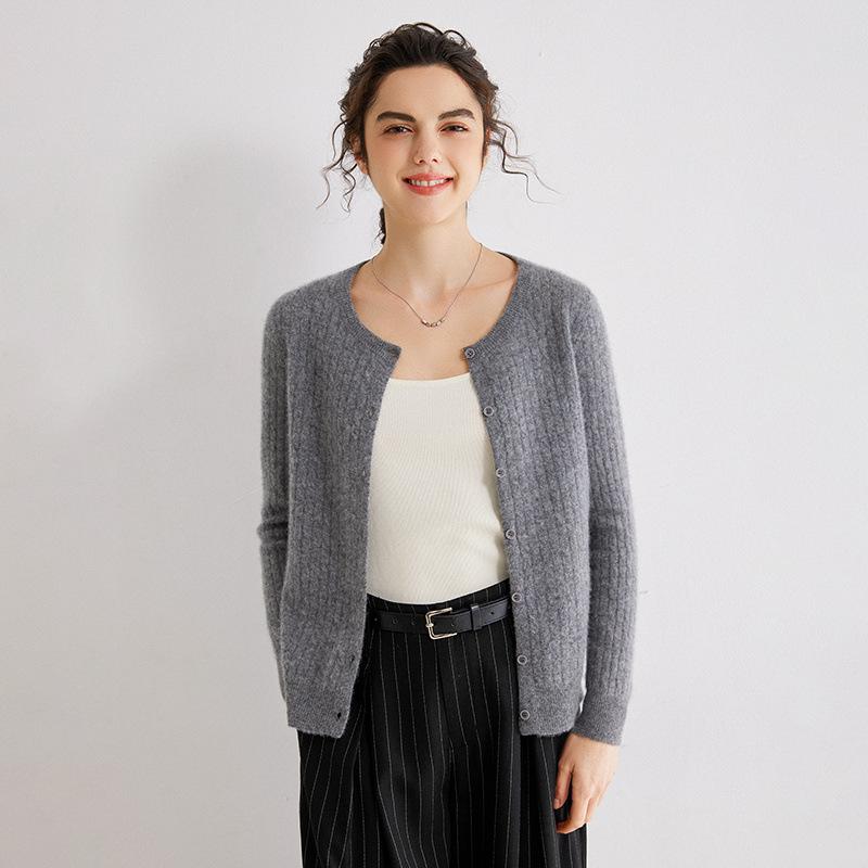 Women's Gold Sand Cashmere Cardigan - Twisted Cable Knit, Round Neck, Striped, Slim Fit, Autumn/Winter Sweater.