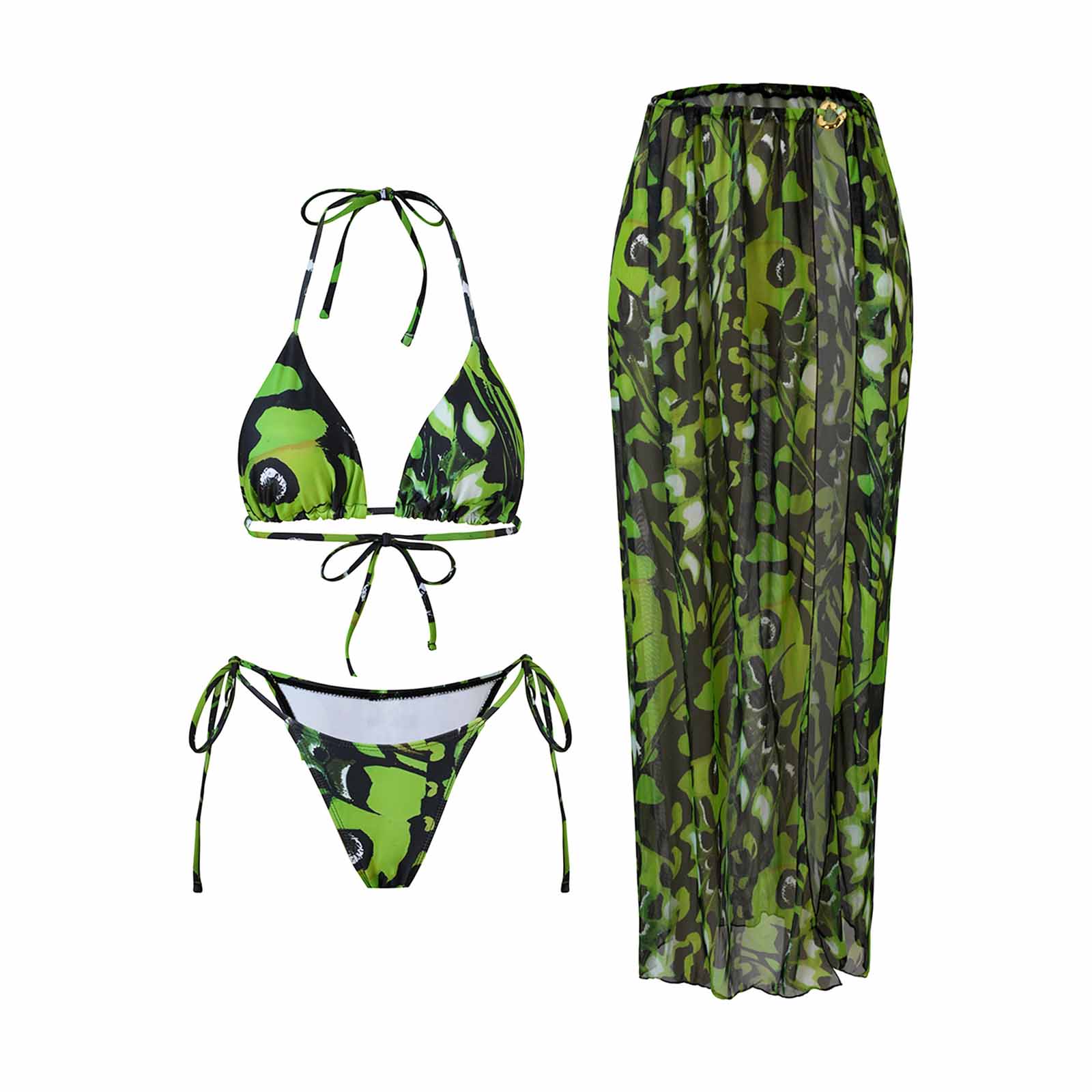 

Women s Three Piece Swimsuit Set with Printed Bikini Top Adjustable Tie Bottom and Sheer Skirt Cover Up L
