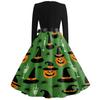 Women Casual Vintage Halloween Dress V Neck Long Sleeve Belted Waist Retro Printed Midi Dress for Autumn and Party