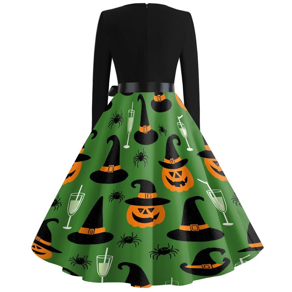 Women Casual Vintage Halloween Dress V Neck Long Sleeve Belted Waist Retro Printed Midi Dress for Autumn and Party
