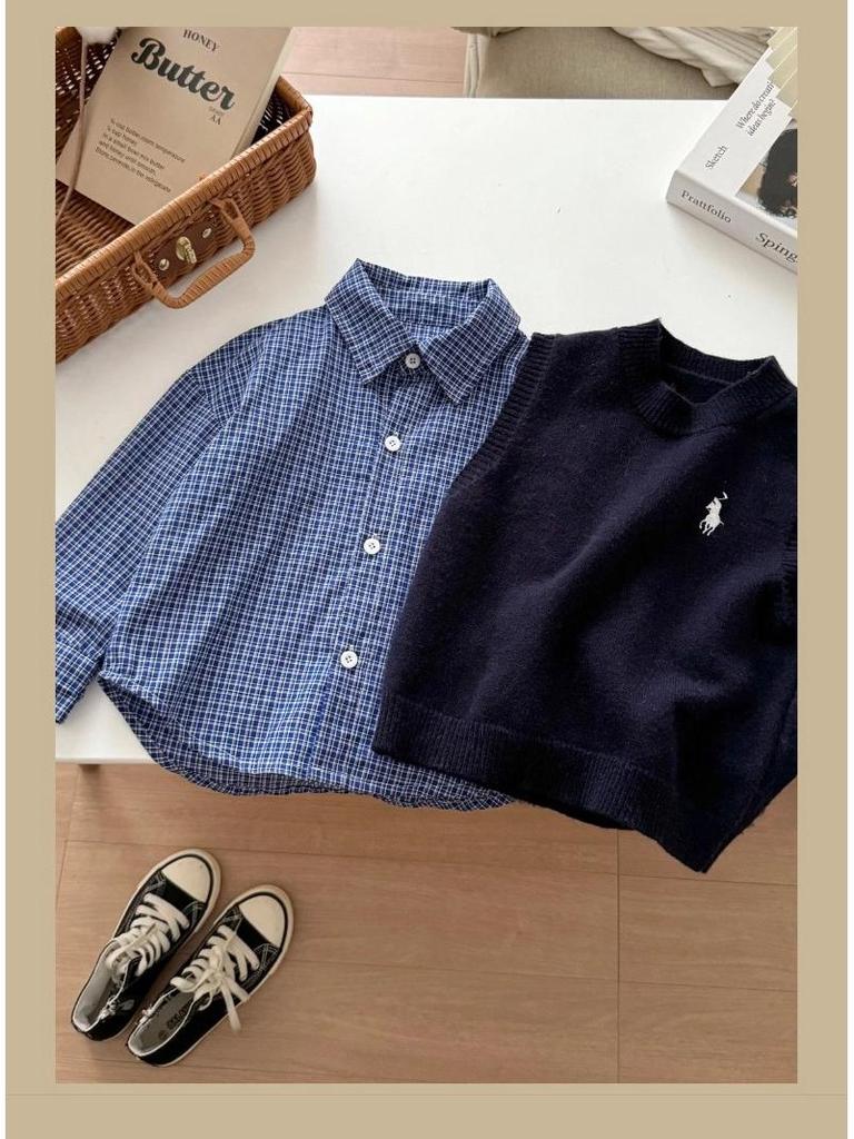 Children's Korean Style Plaid Cotton Shirt for Spring & Autumn 2025 - Casual Baby & Boys' Wear