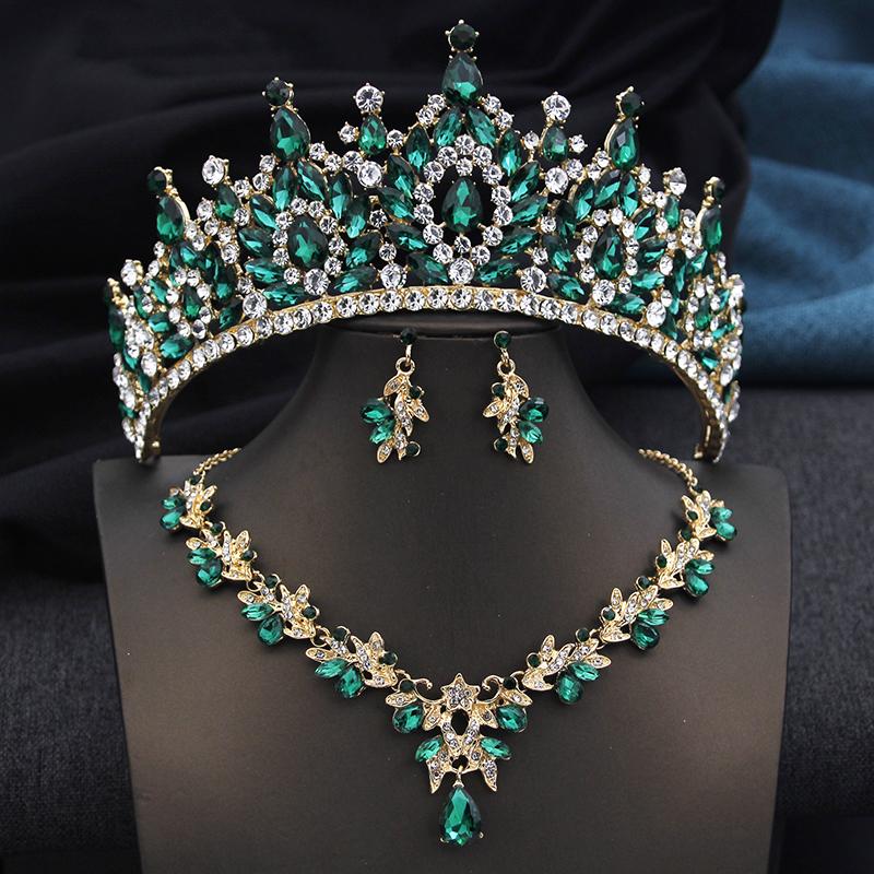 Golden AB 3 Pcs Tiaras and necklace earrings for Bridal Jewelry Sets Women Brides Wedding Crown Prom Birthday Accessories