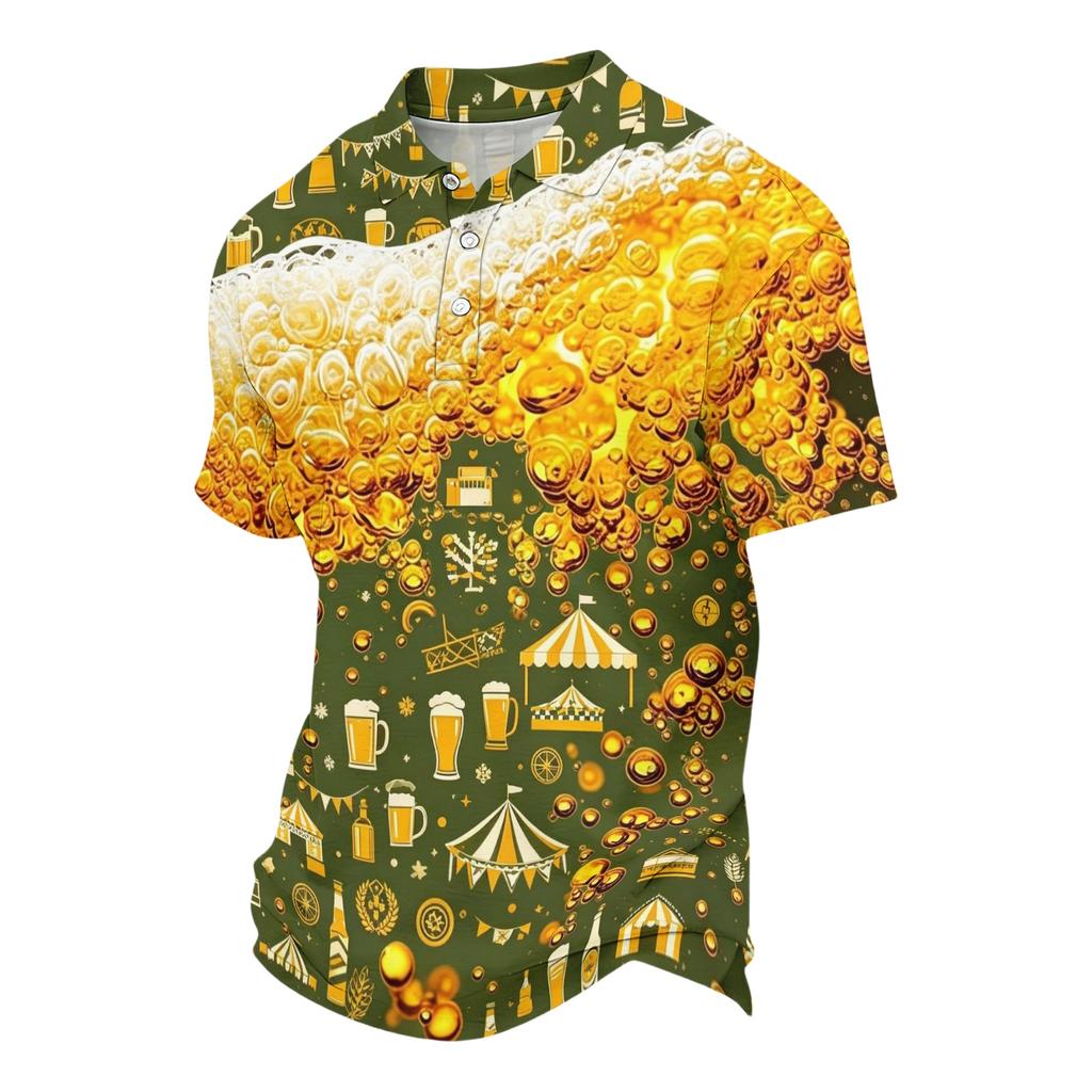 Unisex ležérní polo tričko volného střihu s krátkým rukávem a vzorem inspirovaným pivním festivalem. Lehké prodyšné látky pro každodenní nošení.