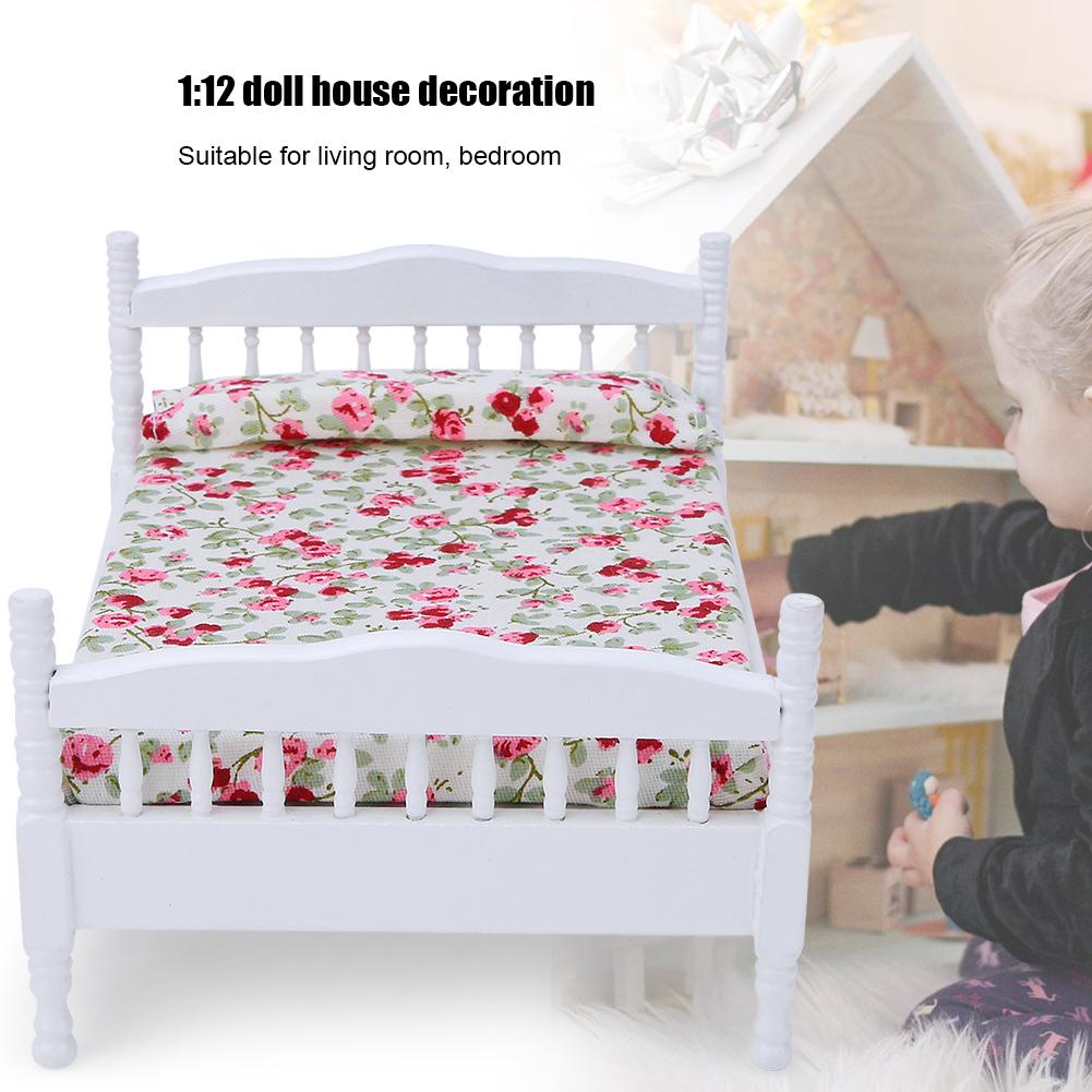 1:12 Mini Doll House Bedroom Bed Model Accessory Room Furniture ToyWhite