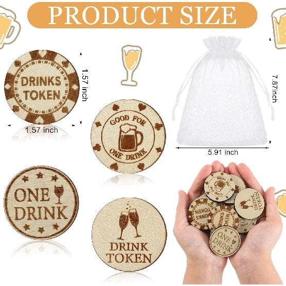 200 Pcs Wooden Drink Tokens Bulk Wedding Drinks Tokens with Organza Bags Wooden Nickels Free Drink Tickets Bar Poker Chips for Party Bar Tickets