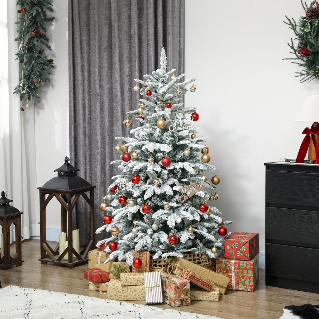 5 ft Artificial Flocked Christmas Tree with 717 Branches, Hinged Xmas Tree with Foldable Metal Stand, Easy Assembly for Home Office Decor