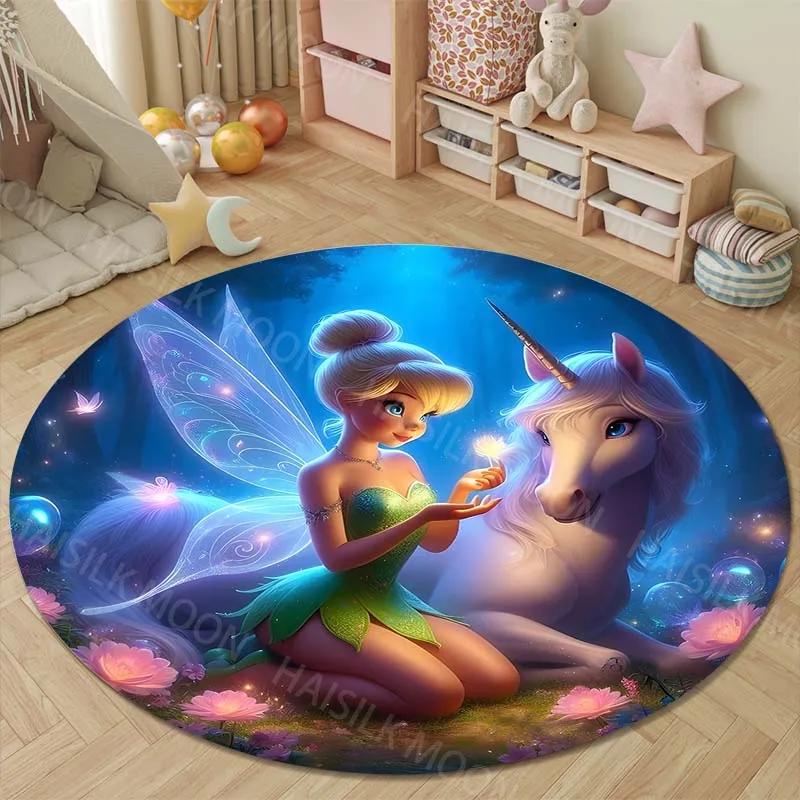 Various Styles and Sizes Tinker Bell Printed Cartoon Round Carpet for Kids Living Room Rug Picnic Mat Flannel Anti-Slip Rug Gift