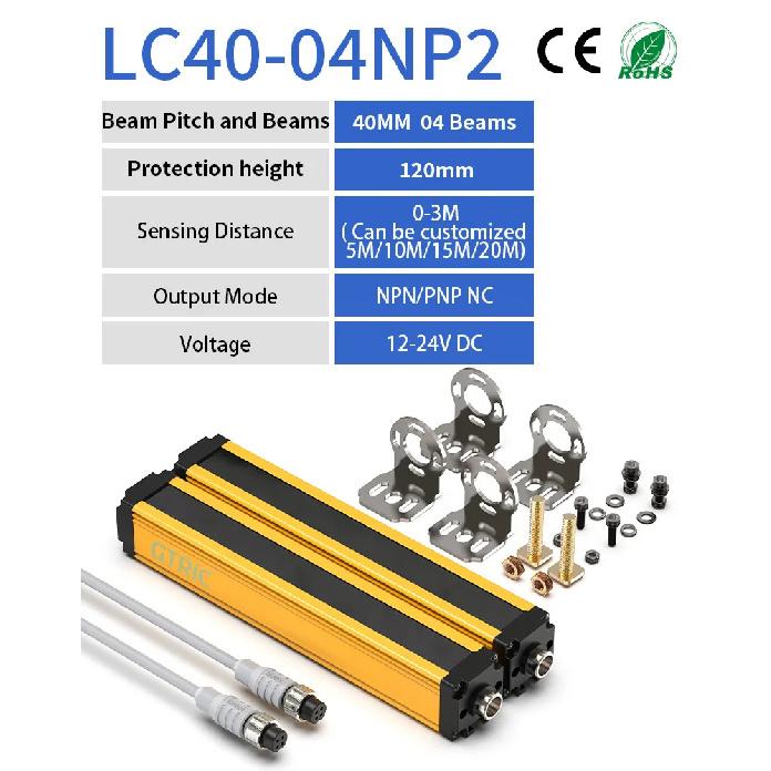 

GTRIC Safety Light Curtain Sensor Infrared Photoelectri Grating Barrier 40mm Resolution Area Protection Device NPN PNP 12-24V DC 40MM Pitch 4 Beam