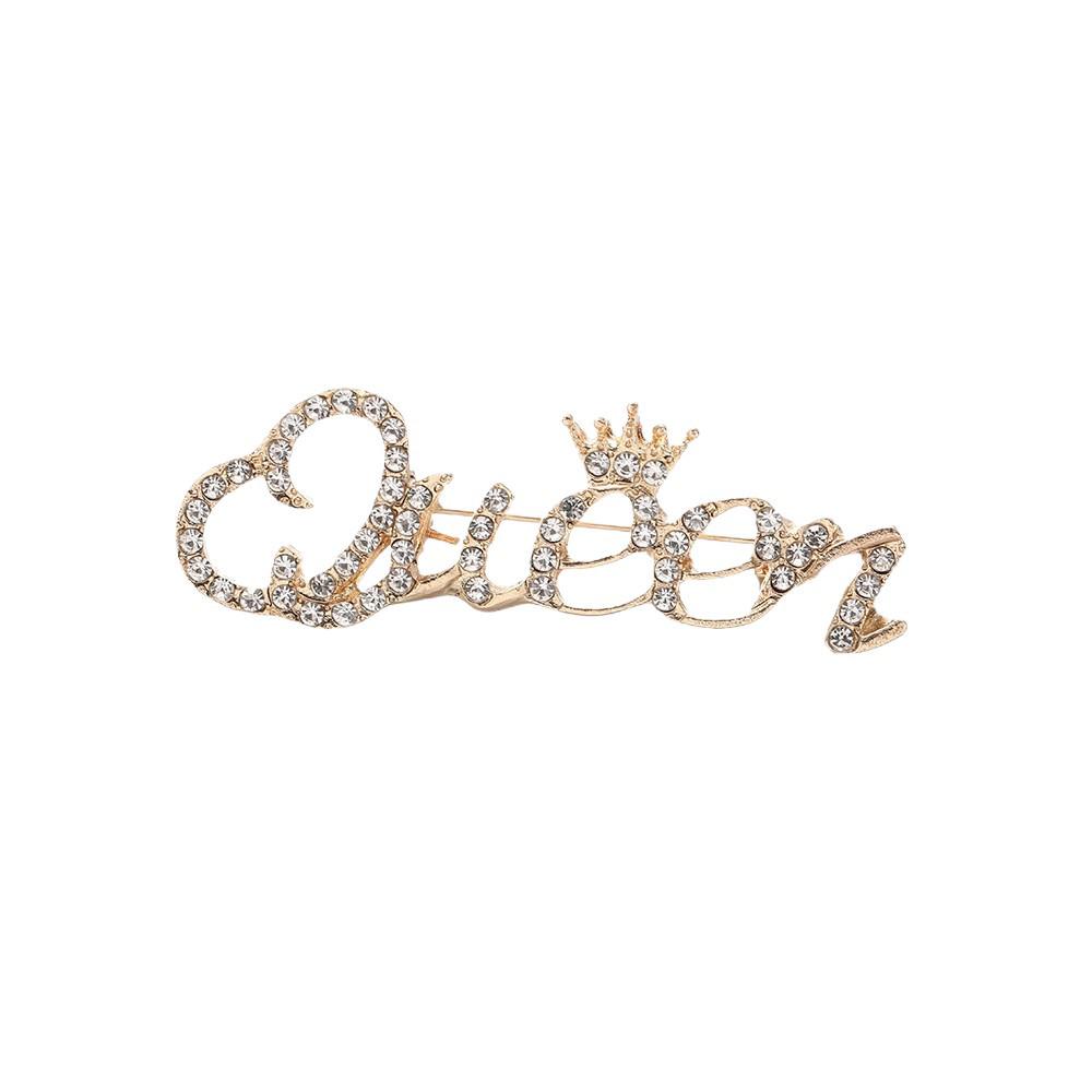 Fashion Queen Elegant Rhinestone Letter Brooch - Korean Style, Anti-Exposure, Simple Alloy Design