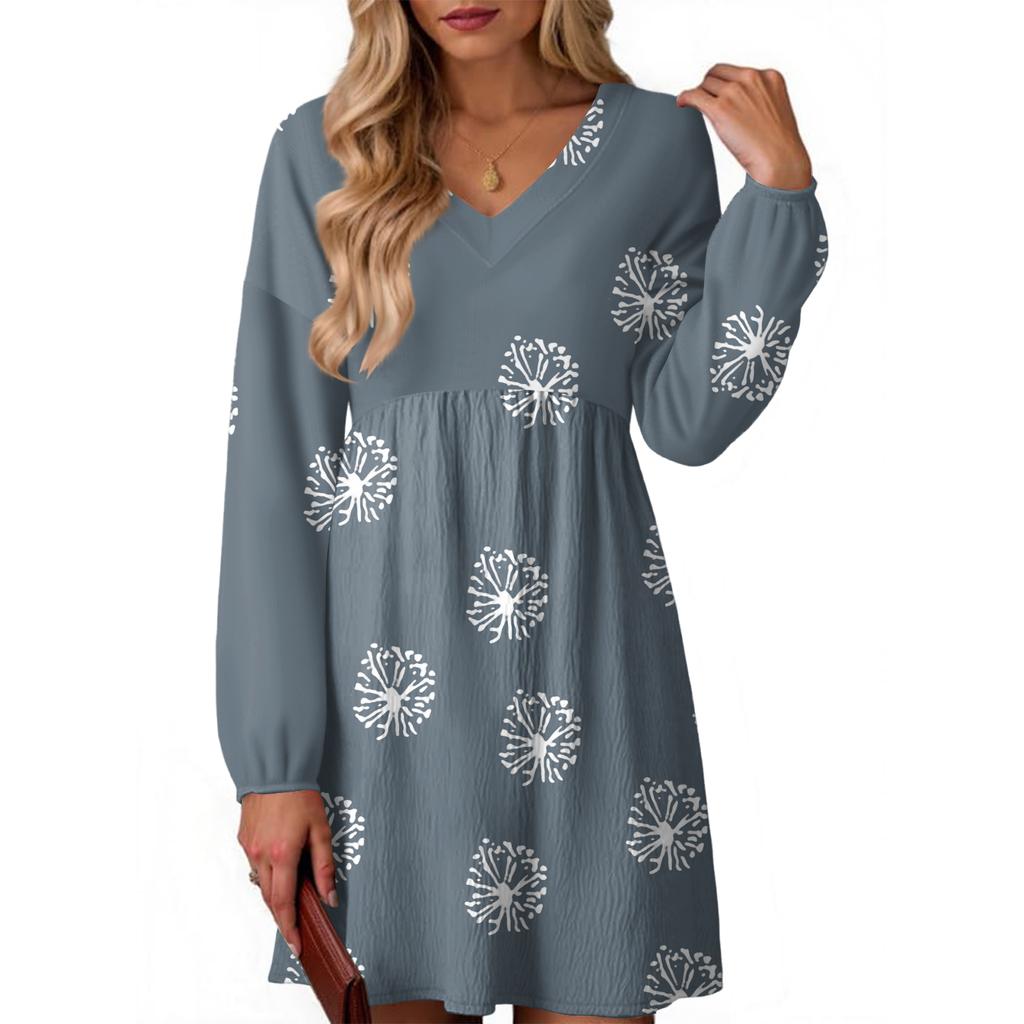 Women's Fashion Floral Print V-Neck Long Sleeve Dress