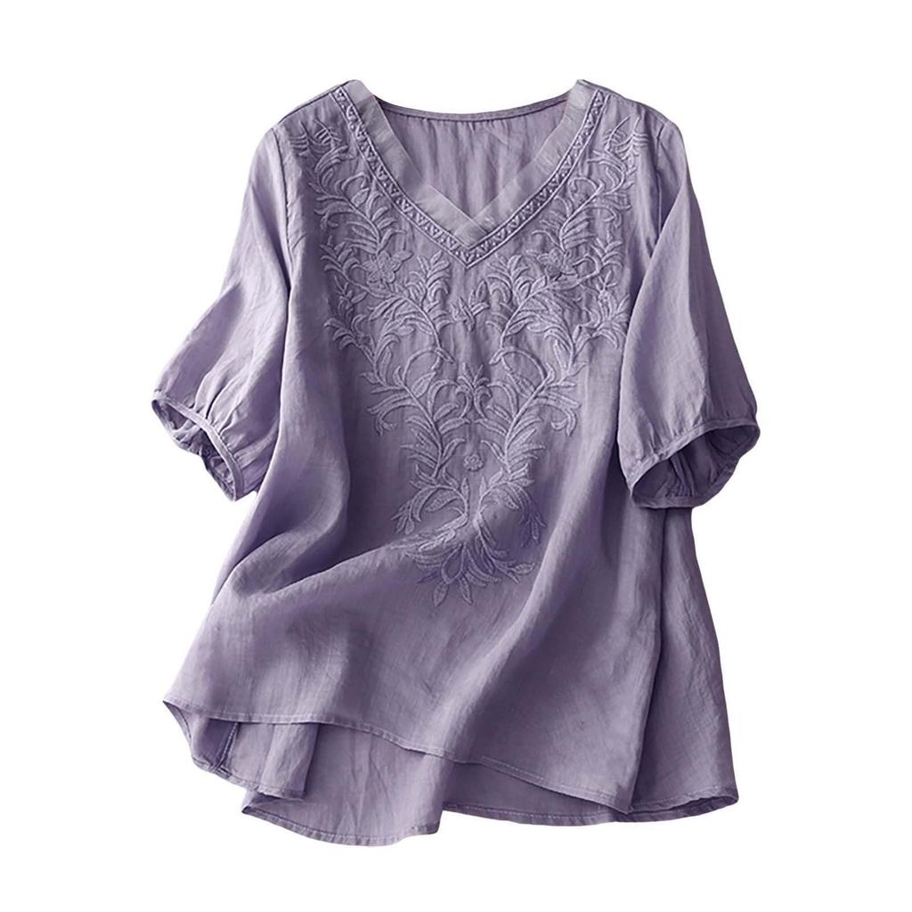 Fashion Women's Shirt Five-quarter Sleeve Spring And Summer Loose Top Embroidered Shirt