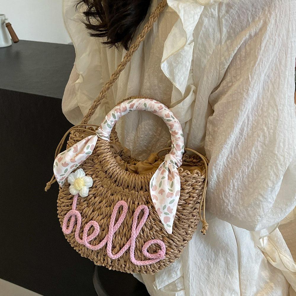 Moon Shaped Woven Underarm Bag Ribbon Knitted Shoulder Bag Fashion Beach Straw Bag  Travel