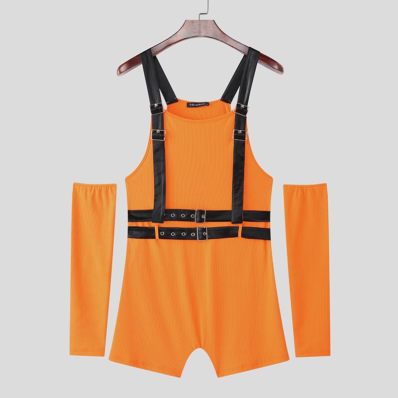 

INCERUN Мужской лоскутный ремешок без рукавов бандажный майки комбинезоны боди нижнее белье с рукавами 3XL оранжевый