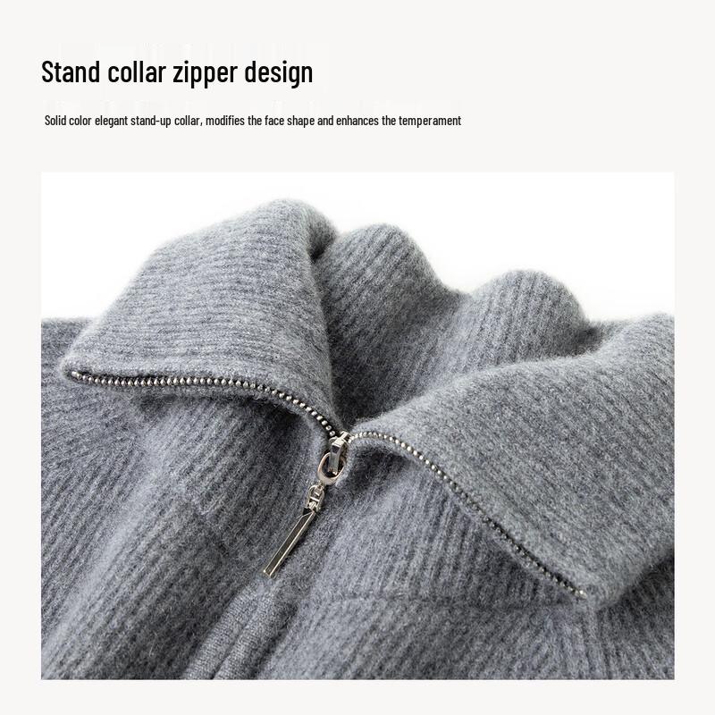 TUHUANG Women's Thick Pure Cashmere Stand Collar Cardigan