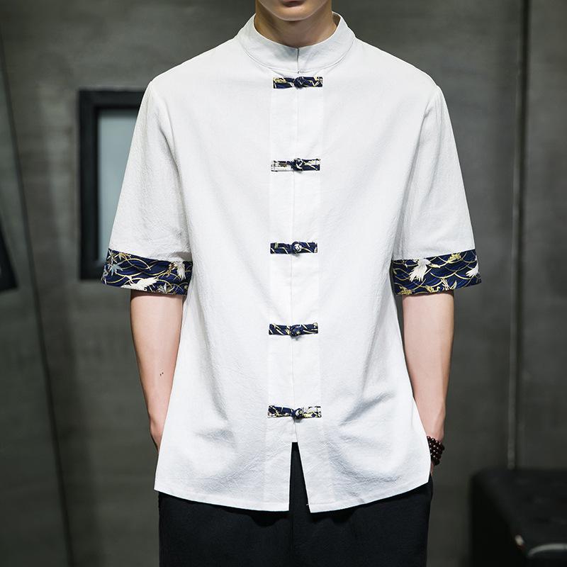 Men's 2022 Retro Chinese Style Color Block Cotton Linen Frog Button Short Sleeve Shirt