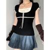 Coquette Lace Crop T Shirts Women Sweet Girl Bow Aesthetic Tops Japanese 2000s Style Y2k Short Sleeve Tees Summer 2024