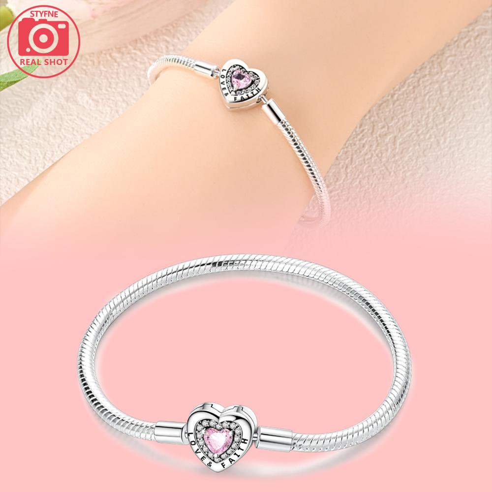 

Charms 925 Silver Cross Bracelet Pink Heart Love&faith Zircon Bead Bracelet Exquisite Women Jewelry Gift Set 17cm