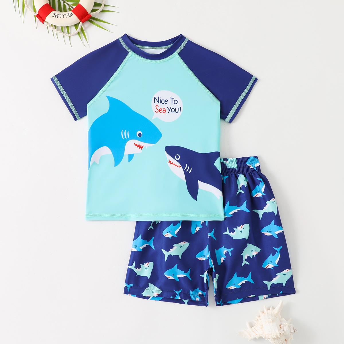 

Boy s Two-Piece Quick-Dry UV Protection Swimsuit with Short-Sleeve Top and Beach Shorts 8 Years синий