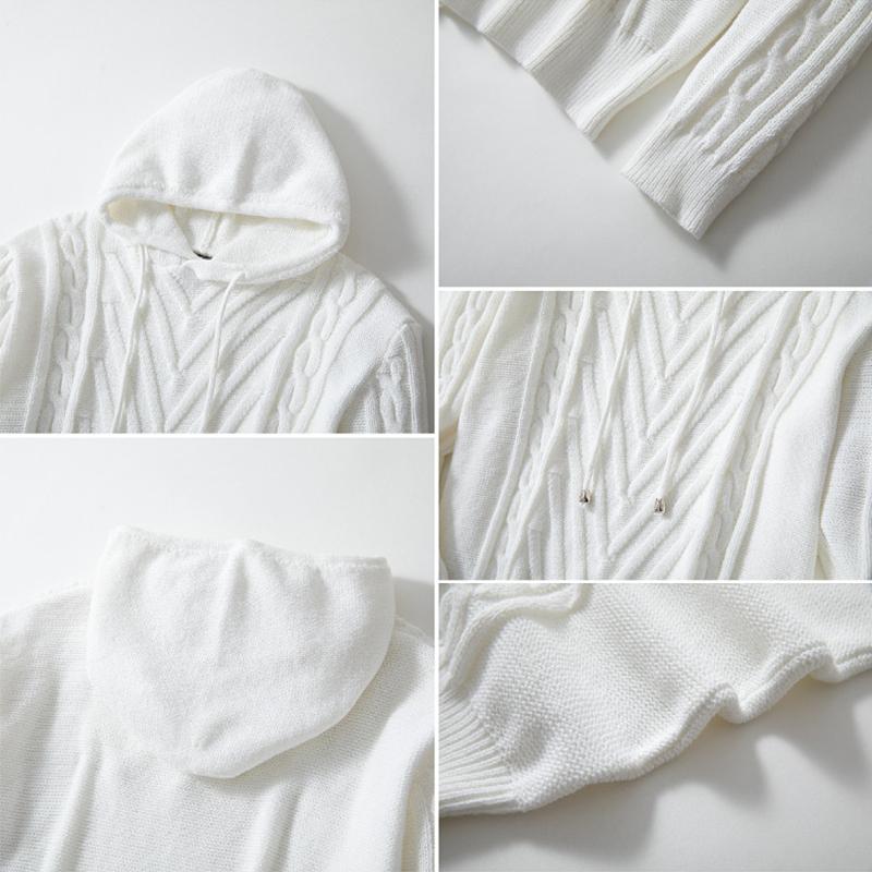 Men's Winter Knit Hoodie Hooded Sweater Casual White Knitted Hooded Pullovers Men Long Sleeve Trend Knitwear