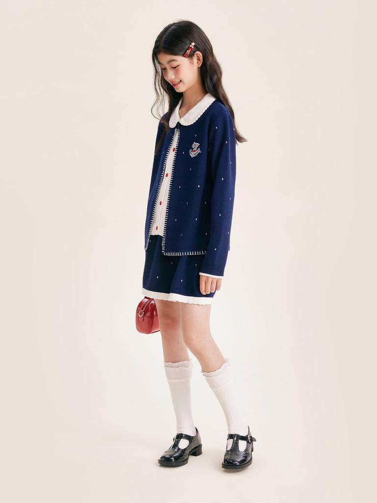 Barry Banny Strick Lang Rund Marineblau Gepunktet Bestickt Faux Niedlich und Stilvoll Größe 160 Kinder Strickjacke, Mantel, Mädchenpullover, Ärmel, Kragen, Punkte, Schicht,