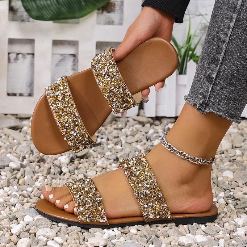 Flat Sequined Round Toe Women's Slippers Summer Casual Beach Slippers Women