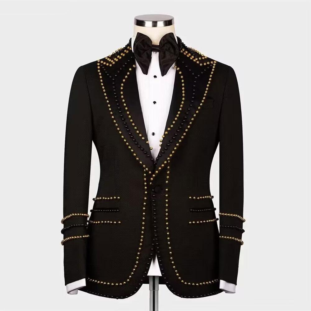 2 Piece Single Breasted Customized Wedding ropa hombre Pears Crystals Men Suits Slim Fit Groom Blazers Jacquard Party Tuxedo