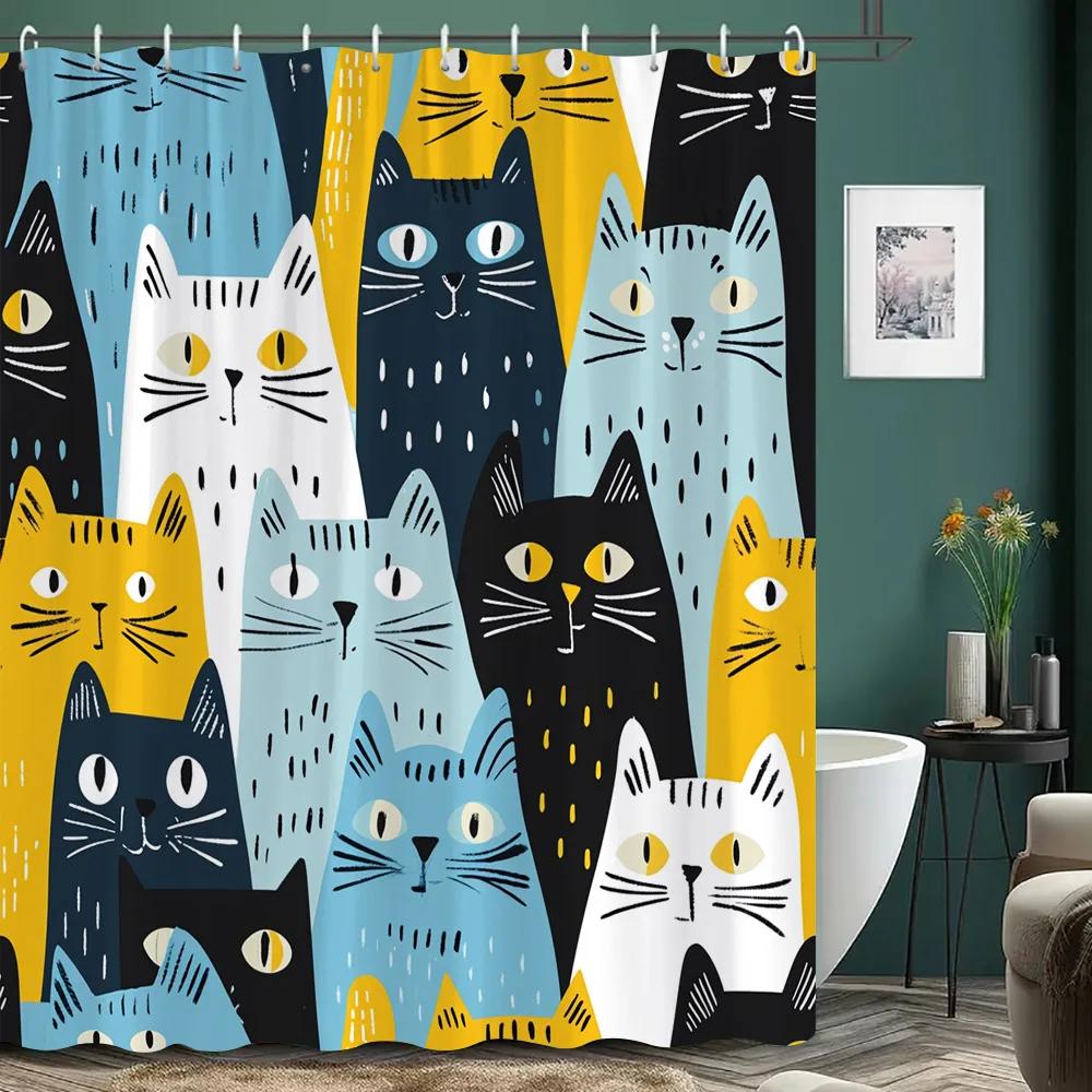 Cartoon Cat Shower Curtain Black and White Line Cat Colourful Footprints Polyester Fabric Home Shower Curtains Bathroom Decor