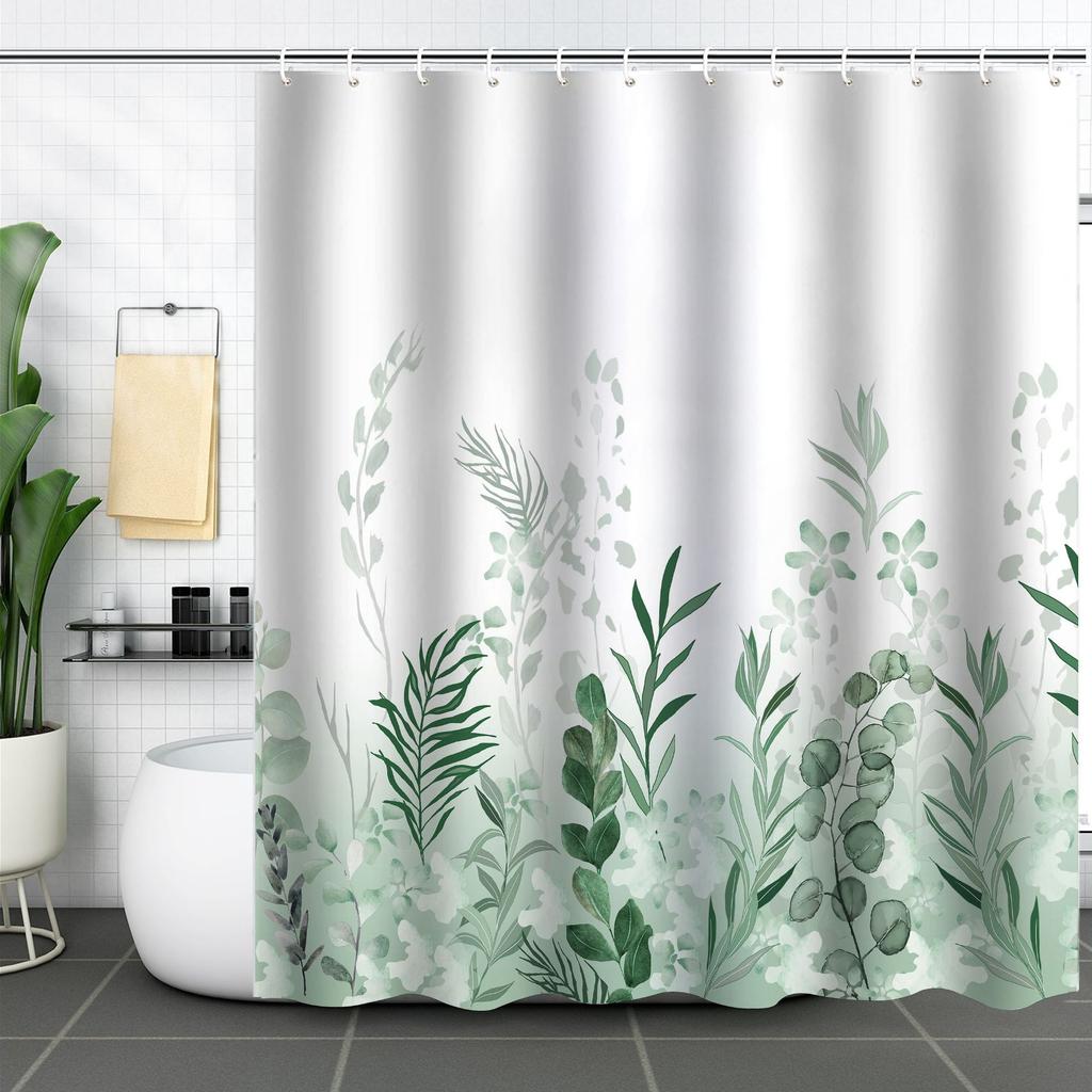 Green Plant Waterproof and Mildew-proof Polyester Bathroom Shower Curtain Shower Curtain Partition Curtain Free of Punching