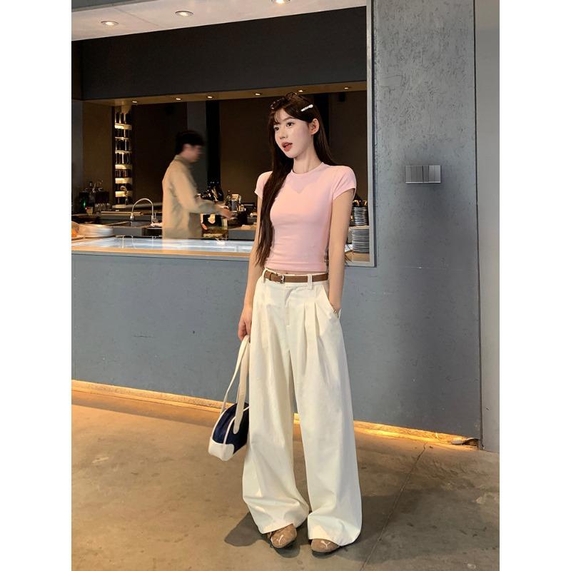 Pink shoulder short-sleeved t-shirt women's summer new solid color round neck slim-fitting short top