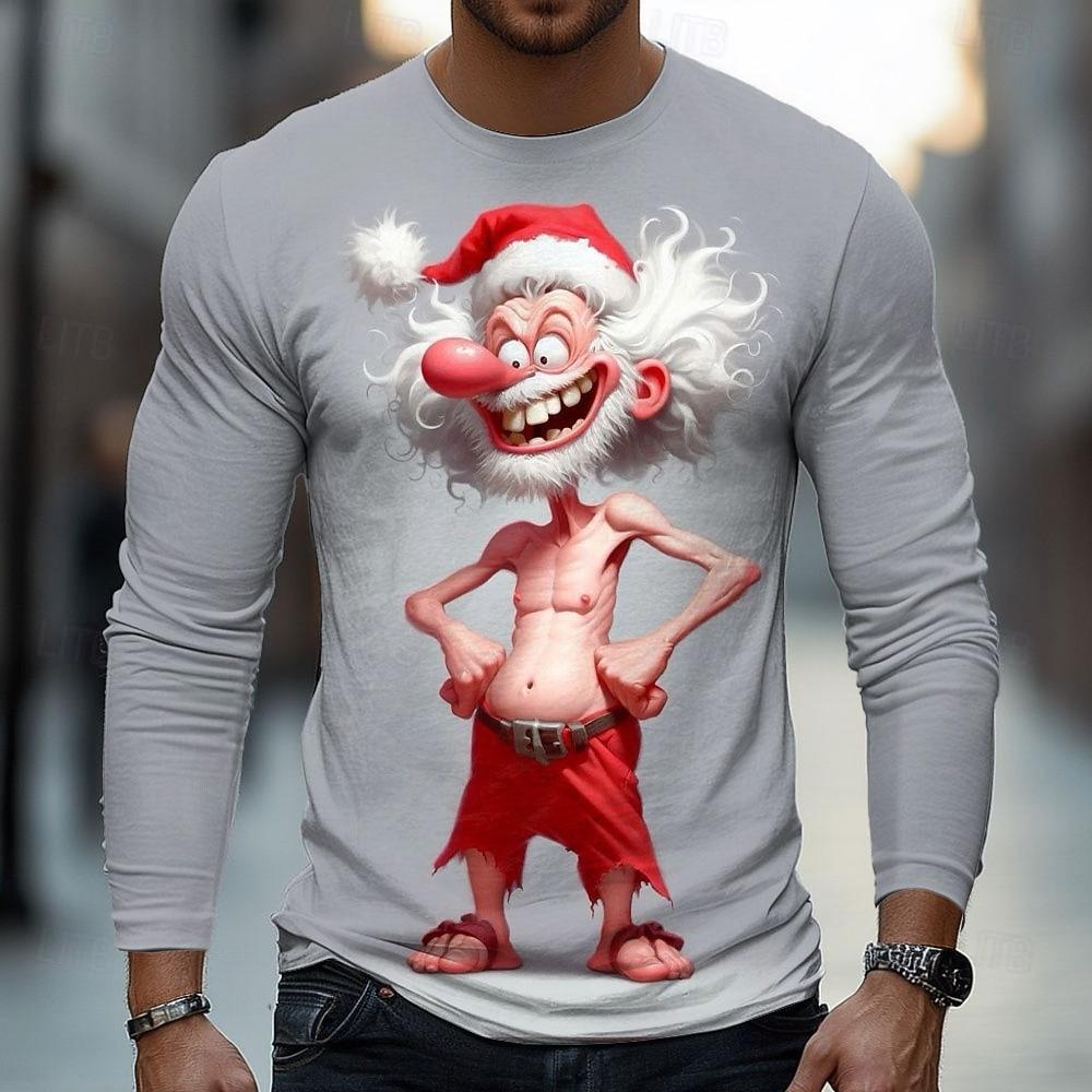 Spring and Autumn Round Neck Funny Christmas Santa Graphic 3D Printed Top Fashionable Casual Long Sleeved Men's T-shirts