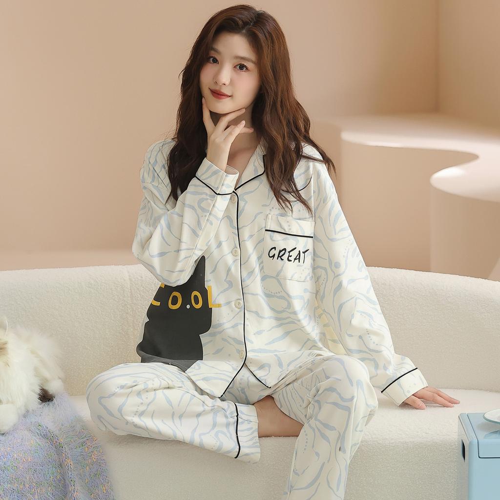 New long-sleeved trousers pure cotton couple pajamas can be worn outside cartoon loose casual men and women pajamas set cotton