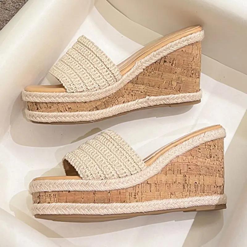 

Eilyken New Summer Design Weave Square Toe Platform Wedge Heels Slippers Woman Fashion Slide Shoes Zapatos De Mujer 39 абрикосовый