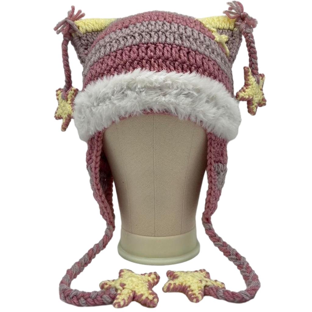 Cartoon Kitten Hat Girls Headgear for Outdoors Activities Skiing with Mini Ears Crocheted Beanie for Skiing Camping