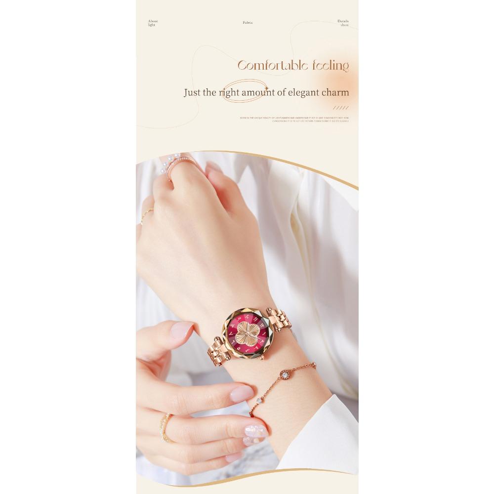 Orologio da Polso da Donna al Quarzo Quadrifoglio Vetro Sfaccettato Bracciale in Acciaio Inossidabile Orologio da Polso Moda Numeri Arabi Orologio Elegante