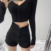Damen Hellblaue High-Waist A-Linien Denimshorts: 2025 Koreanischer Sommerstil, Elastischer Bund, Lässiges Schwarzes Weitbein-Design