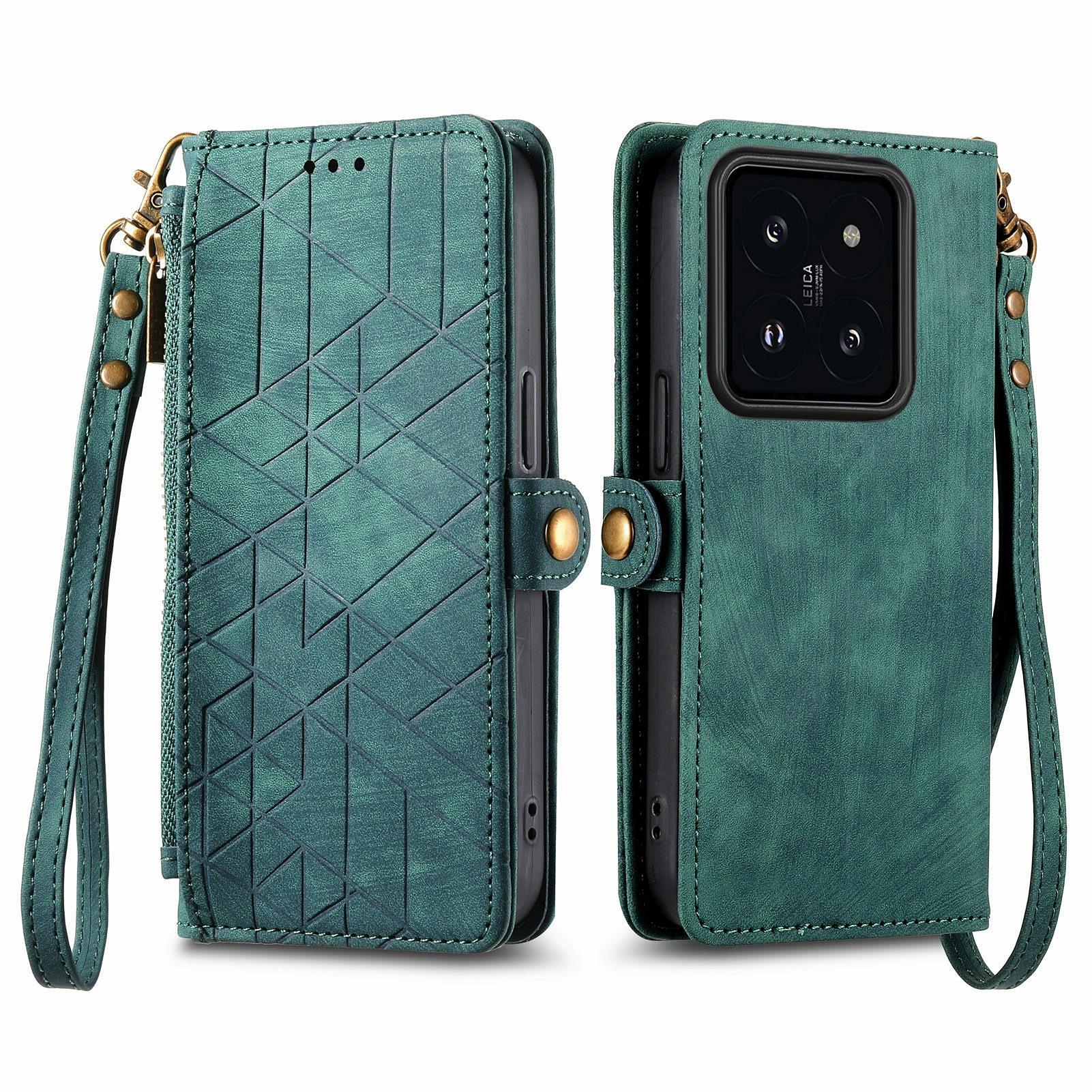 

For Xiaomi 14T Case Zipper Wallet Geometry Lines Leather Phone Cover Green