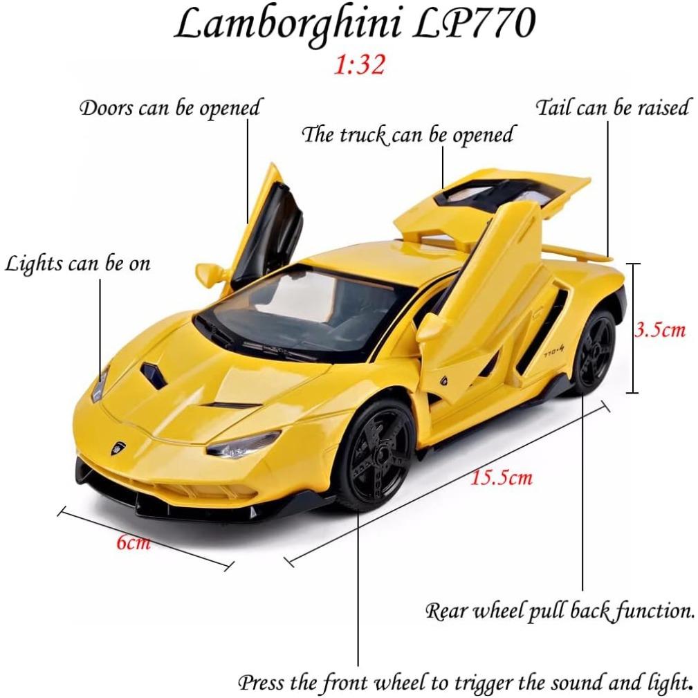 1/32 Sammlerstück aus Legierung, gelb, Lambor LP770-4, Spielzeug-Zugfahrzeuge, Druckguss-Automodell mit Licht und Ton
