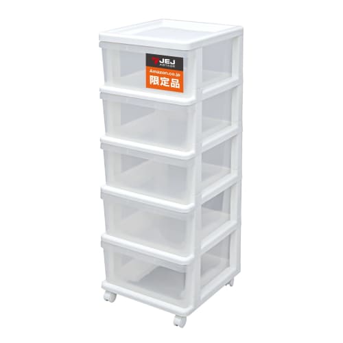 JEJ Astage 5-Drawer Closet Chest with Casters, White/Clear, Made In Japan, 39cm Wide X 43cm Deep X 103cm High