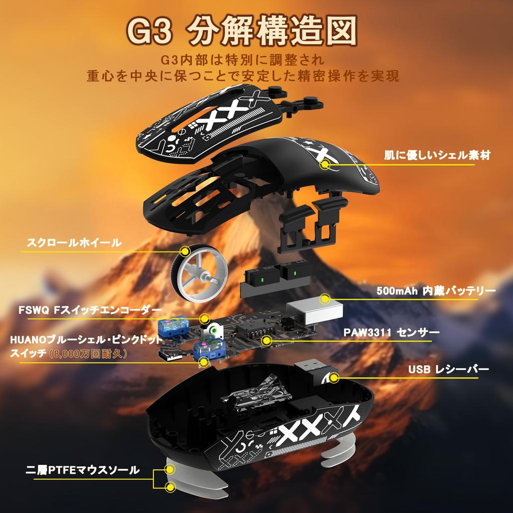 MAMBASNAKE X ATTACK SHARK G3 Gaming Mouse, WirelessWiredBluetooth 2.4GHz, Tri-Mode, Lightweight, High-Precision Sensor, Broadcom Chip PAW3311, 22000