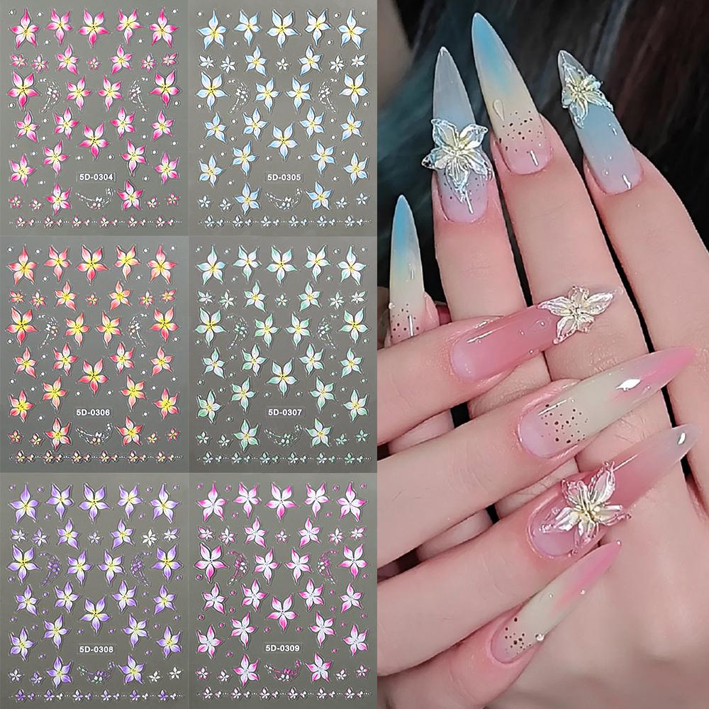 

6Pcs 5D Embossed Lily Flowers Acrylic Nail Stickers Pink/Purple/Blue/Green Petals Nail Charms Art Decoration Self Adhesive Decal 6pcs