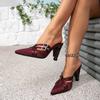 Ladies Burgundy High Heels Party Fashion Special Shaped Heels Pointed Diamond Buckle High Heel Sandals Women's Shoes