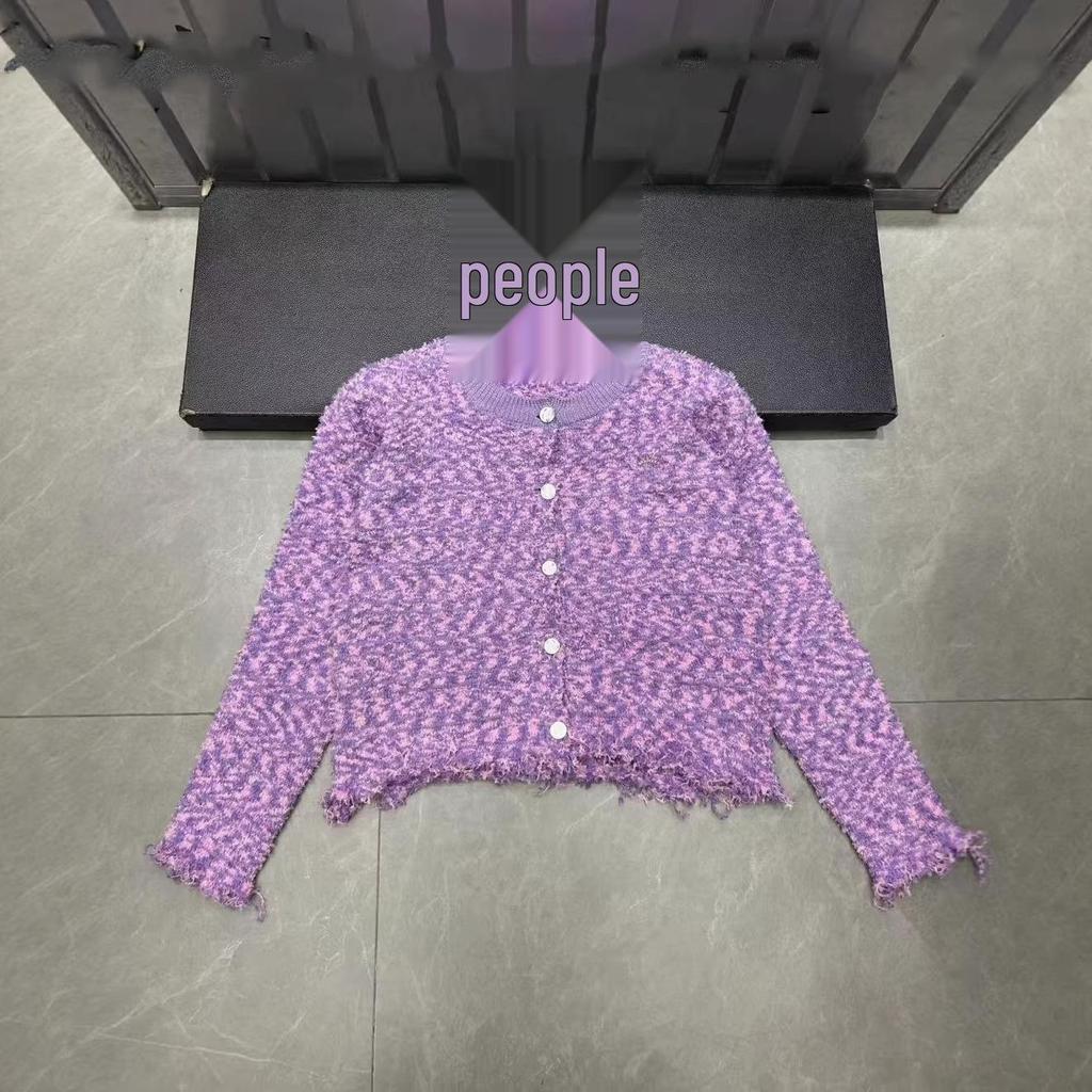 European Winter Tassel Knit Cardigan - Purple Round Neck, Single-Breasted, Age-Reducing, Versatile Outerwear