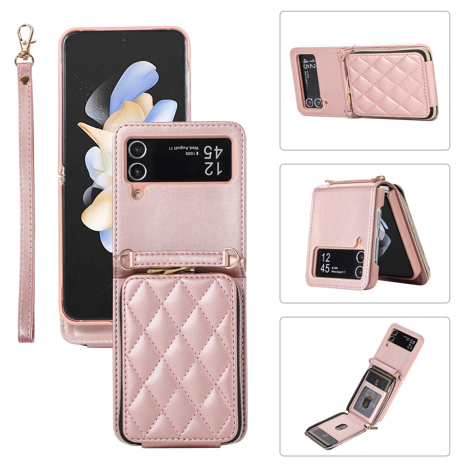 

Crossbody Card Holder Wallet Case for Samsung Galaxy Z Flip 7 FE 6 5 4 3 5G Flip6 Wrist Strap Zipper Vegan Leather Phone Cover for SM- Z Flip 7 FE рожевий колір золота