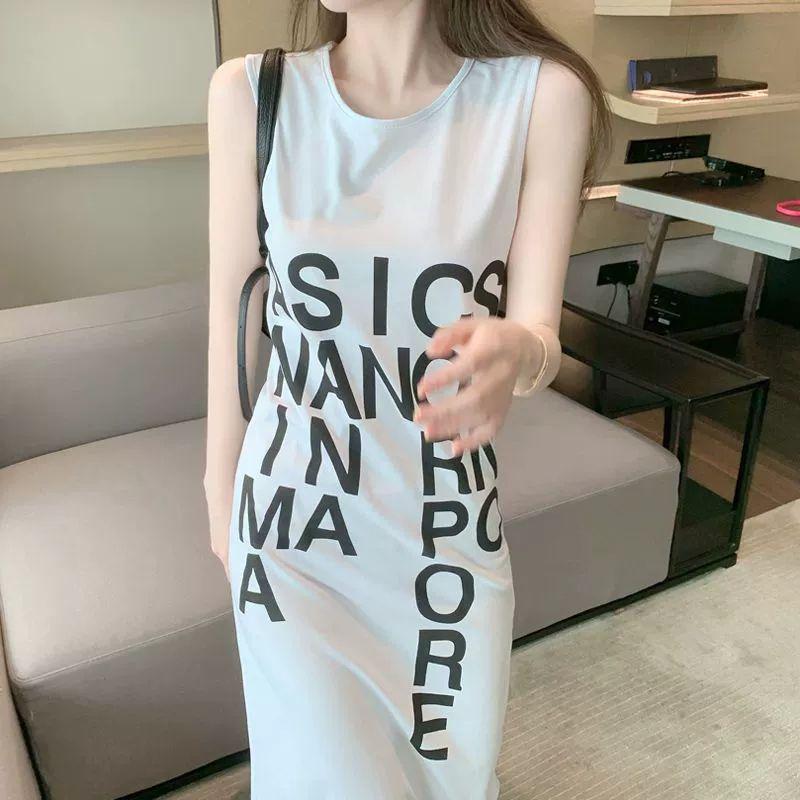Summer Sleeveless French Letter Split Long Dress - Women's Loose Over-the-Knee Skirt
