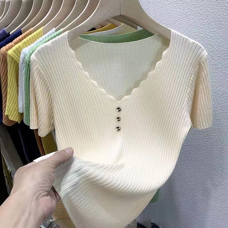 Ice Silk Short Sleeve T-shirt Women's 2025 New Summer Style Slim Short White V-neck Sweater Short-sleeved Top
