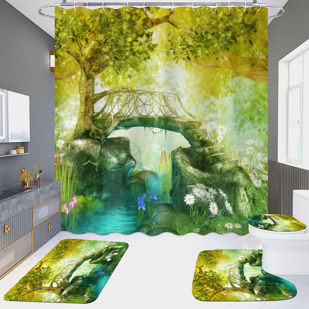 High Definition Digital Printing Shower Curtain Four-Piece Set Of Non-Punching Bathroom Bathroom Bathroom Partition Curtain Landscape