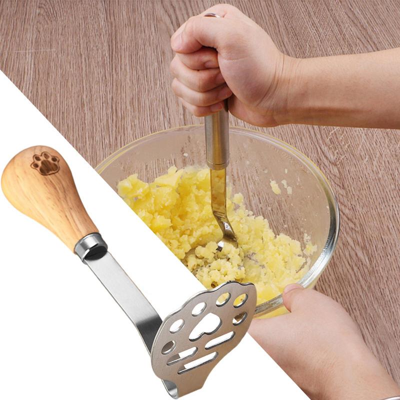 Stainless Steel Food Masher Manual Heavy-Duty Mashing Utensil Claw Pattern Potato Masher with Wooden Handle Kitchen Accessories